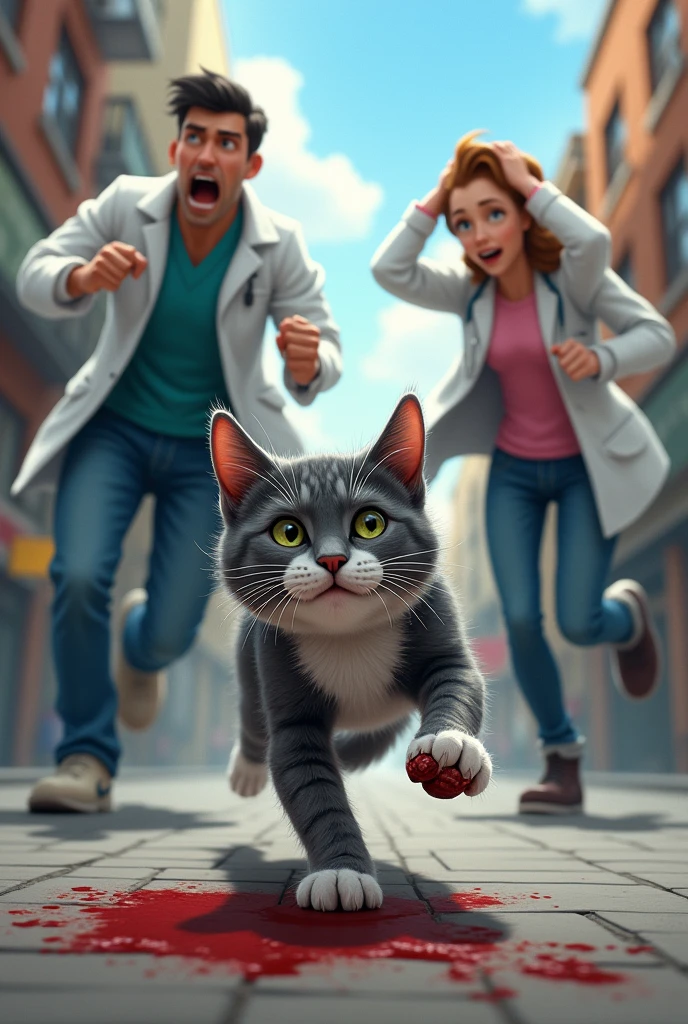 Make me a picture of a gray tabby cat with a white chest and gray paws, with an injured leg with blood running with three legs in the street escaping from two veterinarians, both men, Her worried owner is shown in the background of the image with her hands on her head in a sign of concern., Someone on the street shouted, &quot;Grab him!&quot;. The cat was laughing 