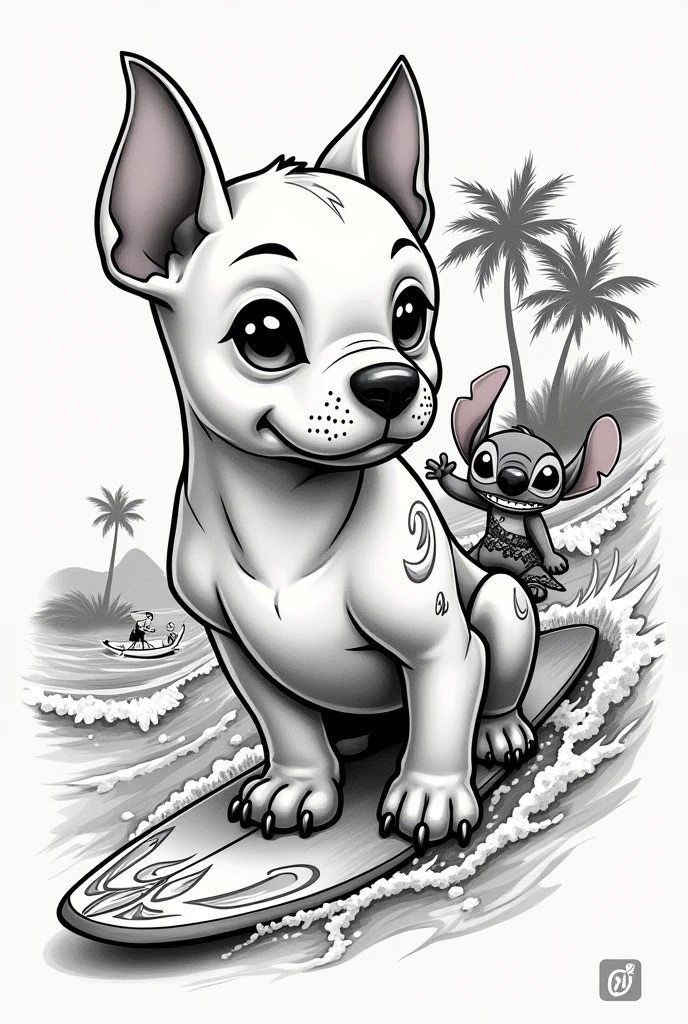 Tattoo sketch of a pitbull puppy and lilo and stitch surfing