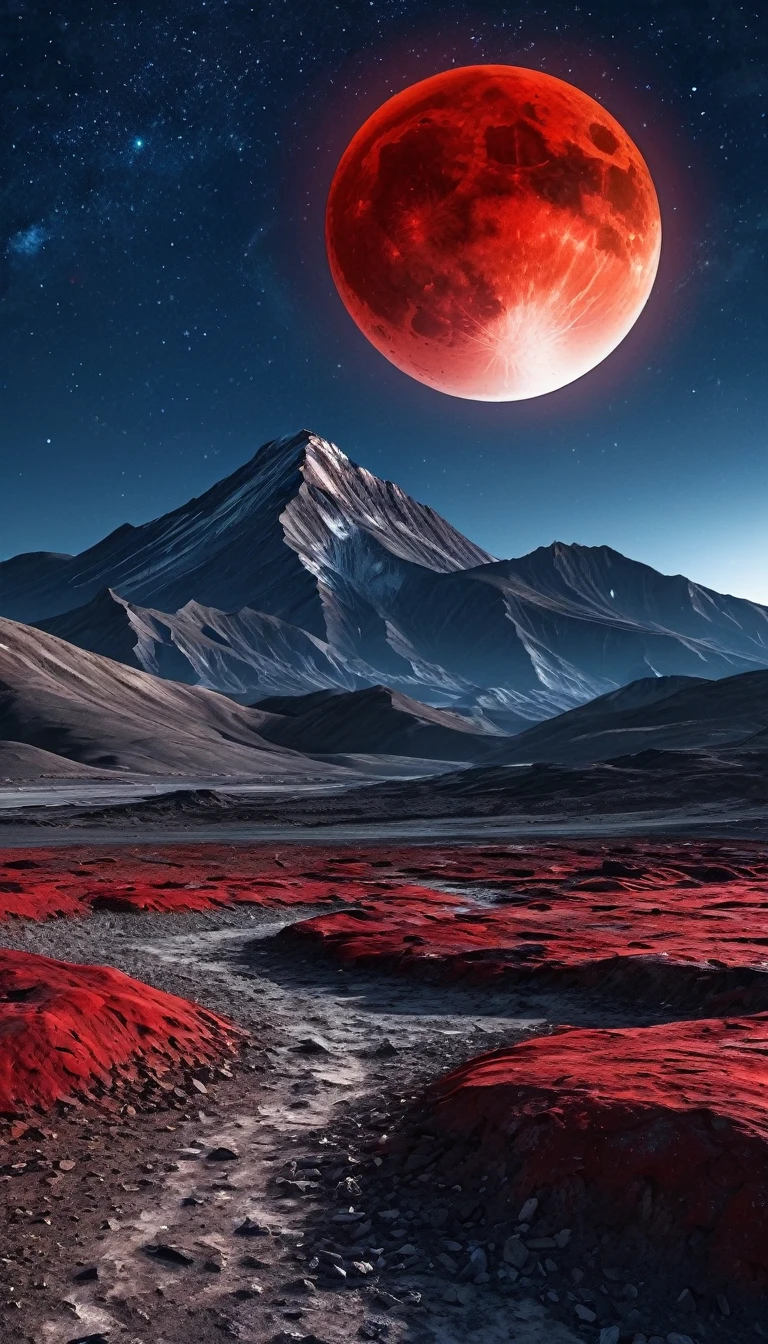((best quality)), ((masterpiece)), (detailed) shot of a mountain in the foreground, barren wasteland, rockylandscape, at night, starry sky, a red blood moon in the sky