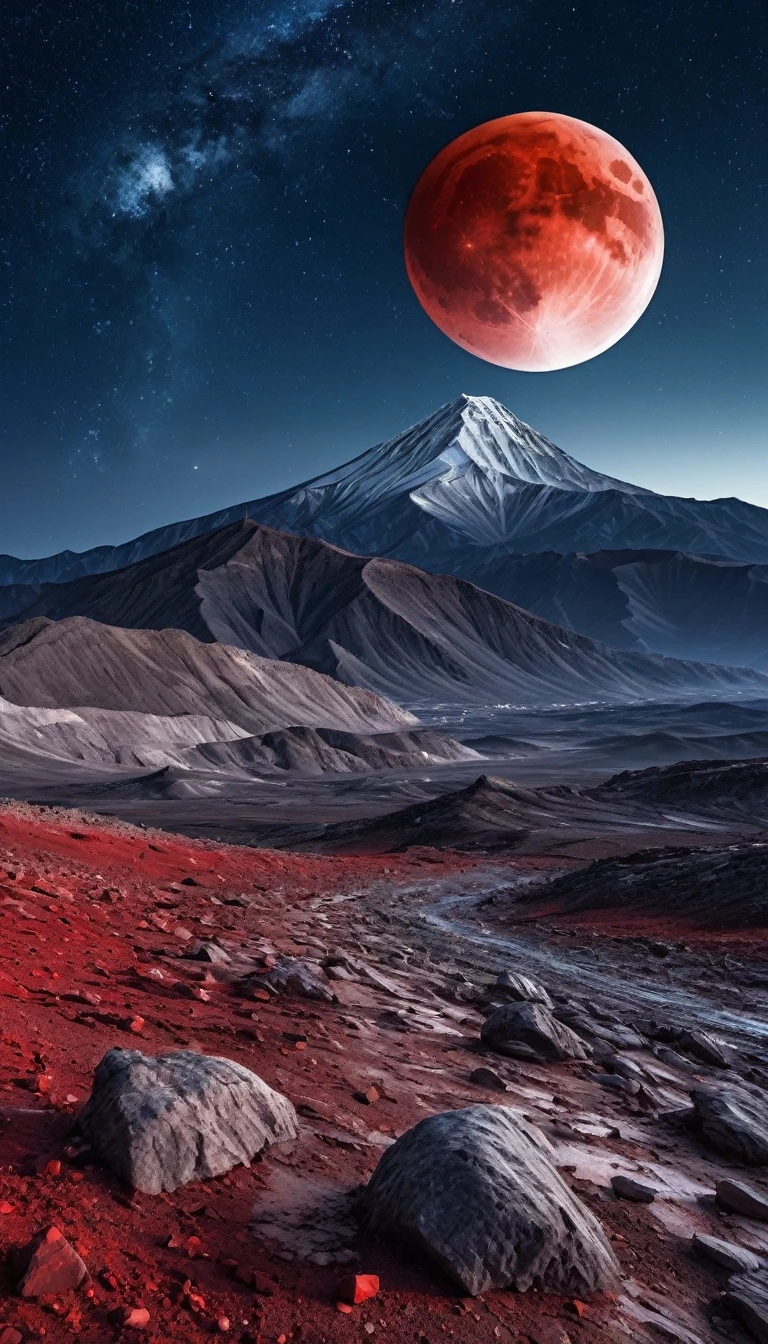 ((best quality)), ((masterpiece)), (detailed) shot of a mountain in the foreground, barren wasteland, rockylandscape, at night, starry sky, a red blood moon in the sky