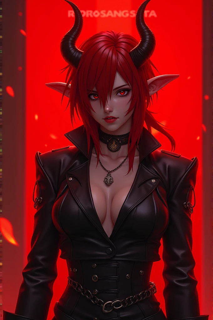 realistic anime‚ red hair‚ devil‚ red background‚ logo REDGANGSTA