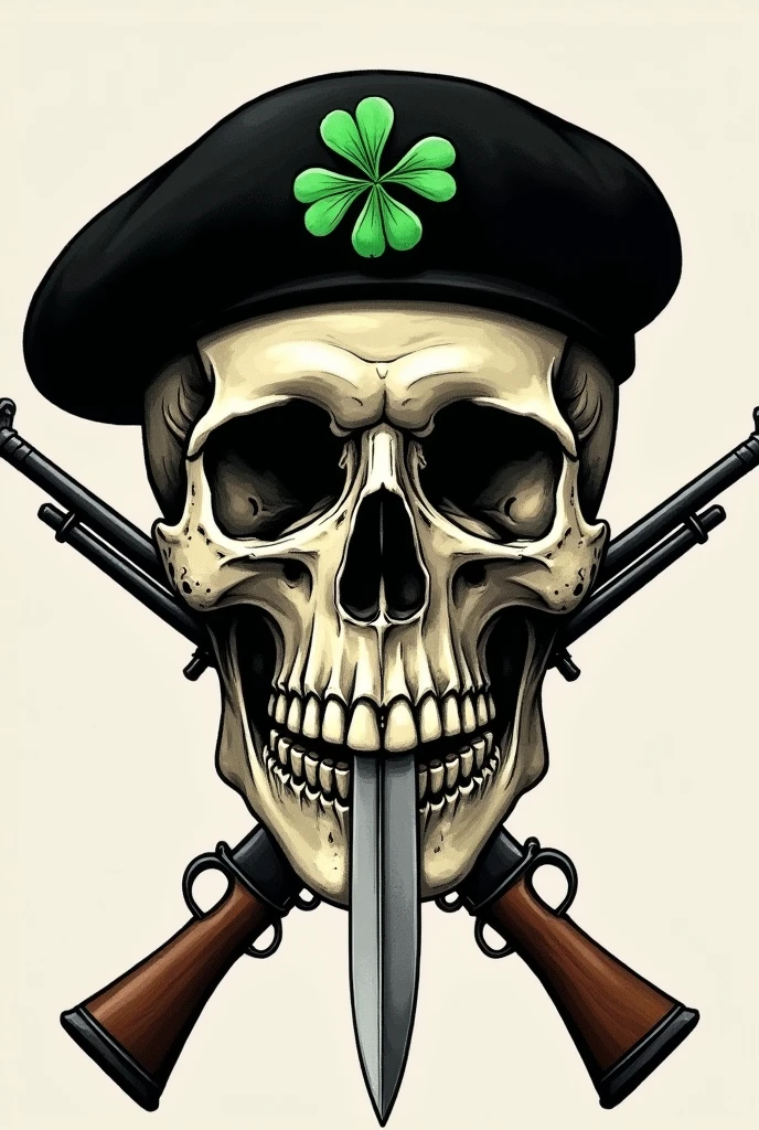 Skull skull wearing a black beret on the beret a green clover, the skull with two fal 7 rifles,62 crossed, and with a knife cutting the middle of the skull