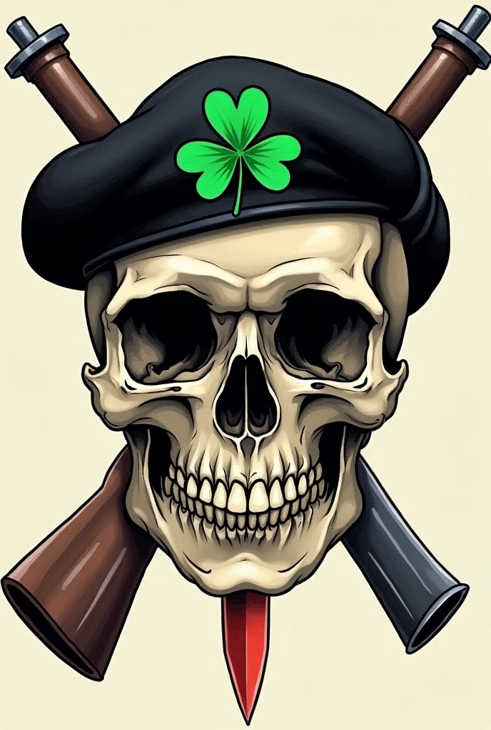 Skull skull wearing a black beret on the beret a green clover, the skull with two fal 7 rifles,62 crossed, and with a knife cutting the middle of the skull 