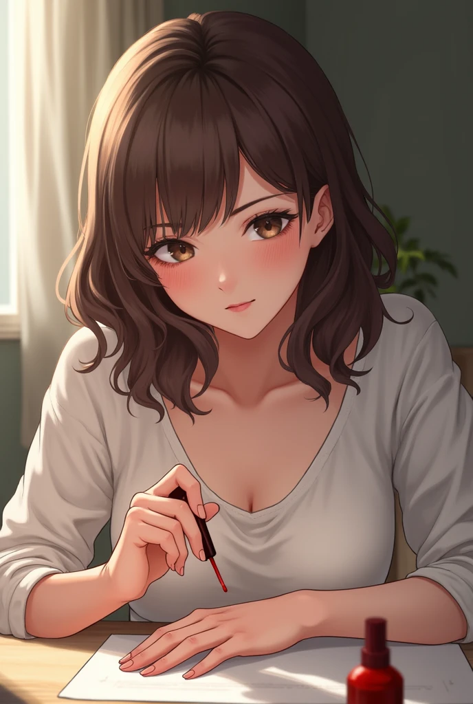 A woman with shoulder length hair applying nail polish, simple background