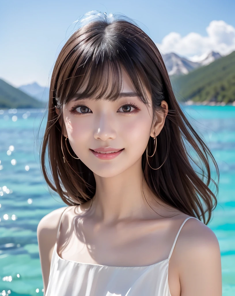 (Highest quality, 32K, High resolution, Masterpiece:1.5), marimo_jet, god々A photograph with brilliant dazzling and healing power., Evoking a sense of calm and elusive beauty, Expressing emotions, Have a rich imagination,Beautiful Japanese Girls, An exceptionally beautiful face, Small Face Beauty, Perfect Human Anatomy, Magical big eyes, Motherhood and generosity, Deep Love, fleeting smile, Shiny black hair, Super Long Straight Silk Hair, Asymmetrical bangs, Hair between the eyes, Transparent, soft white skin, Sharp eyebrows, Thin lashes, Natural Makeup, Cheek highlighter, Pale pink detailed lips, ((White silk dress:1.3)), High resolutionの完璧な鎖骨, High resolutionの美しい胸元, Slim figure with ample breasts, High resolutionの美しい太もも, ((Beautiful spring in the mountains:1.2)), ((Walking on the clear blue water:1.5)), Professional Lighting, Professional photographer, Professional models, god秘的