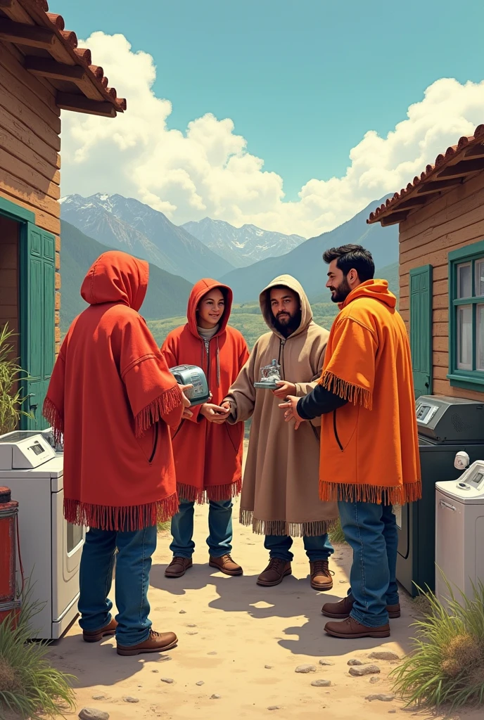 A lovely illustration of Andean people in ponchos buying a bunch of appliances
