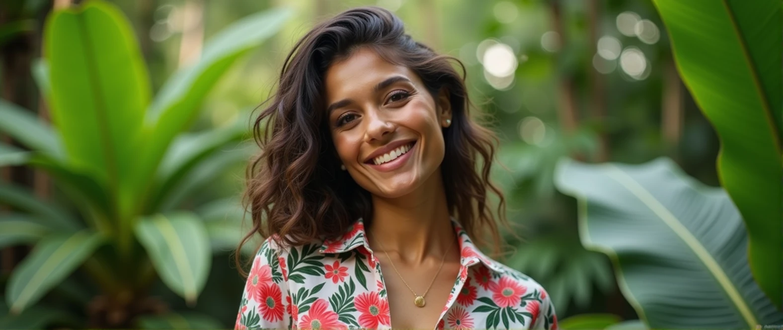 A Brazilian woman in a lush tropical garden, wearing a floral print shirt, with a close-up capturing the harmonious beauty and natural flowers, showing off your natural charm and outgoing personality.