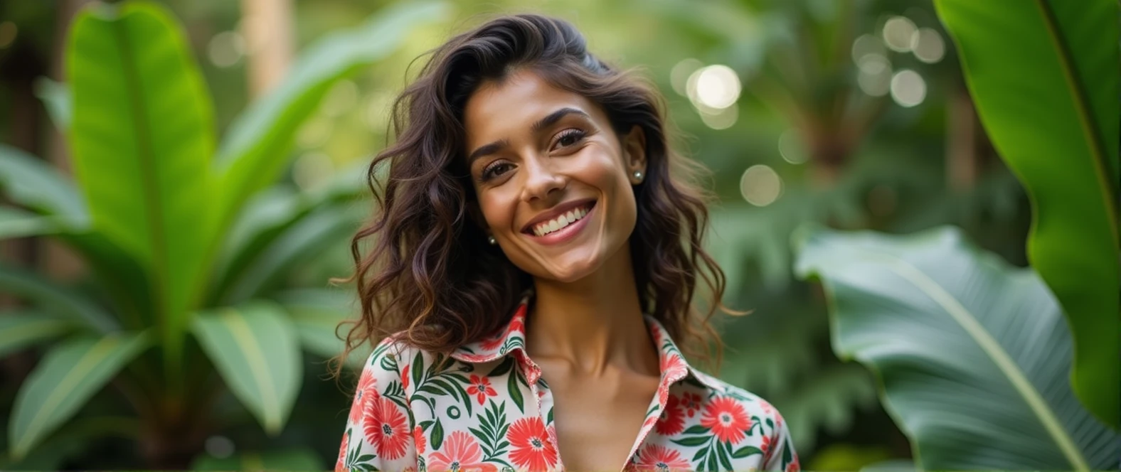 A Brazilian woman in a lush tropical garden, wearing a floral print shirt, with a close-up capturing the harmonious beauty and natural flowers, showing off your natural charm and outgoing personality.