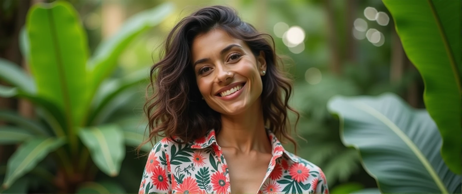 A Brazilian woman in a lush tropical garden, wearing a floral print shirt, with a close-up capturing the harmonious beauty and natural flowers, showing off your natural charm and outgoing personality.