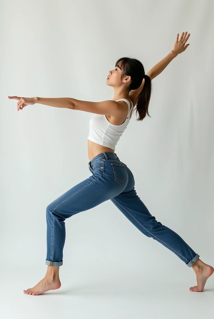 Spread your legs 180 degrees to the left and right、Barefoot Japanese woman in jeans stretching