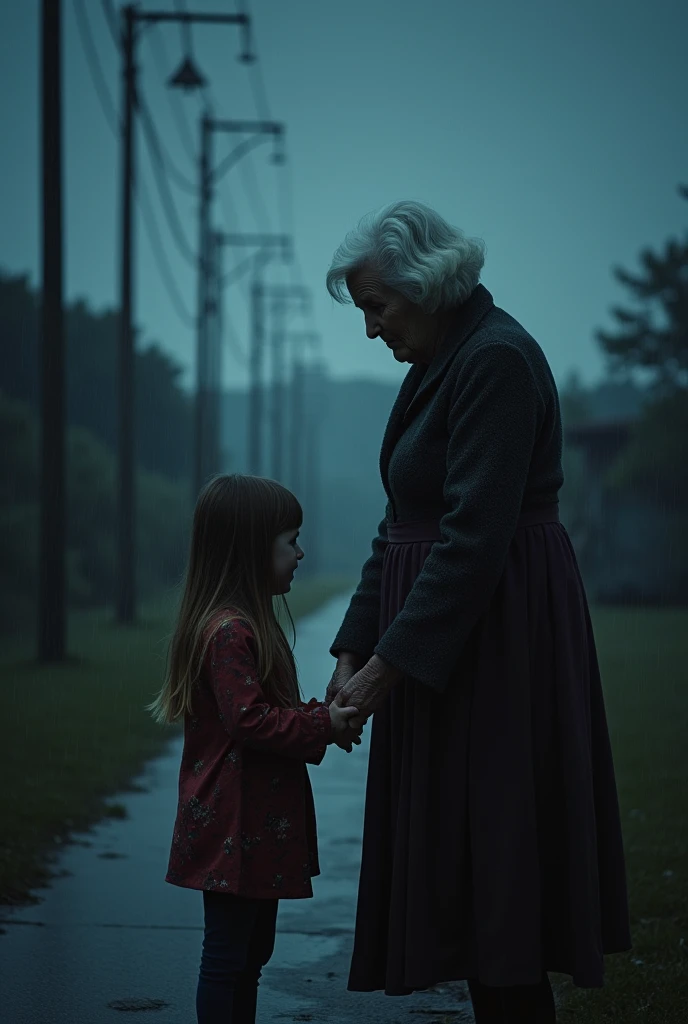An elderly woman holding her young daughter with straight hair by the hand and a stormy and rainy night in the background