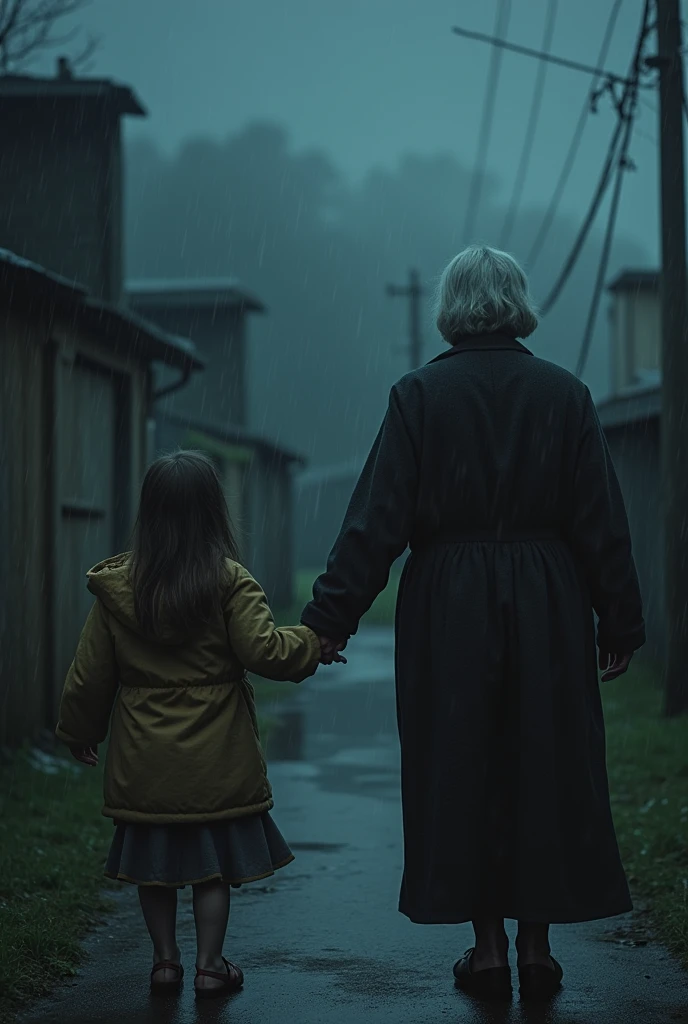 An elderly woman holding her young daughter with straight hair by the hand and a stormy and rainy night in the background