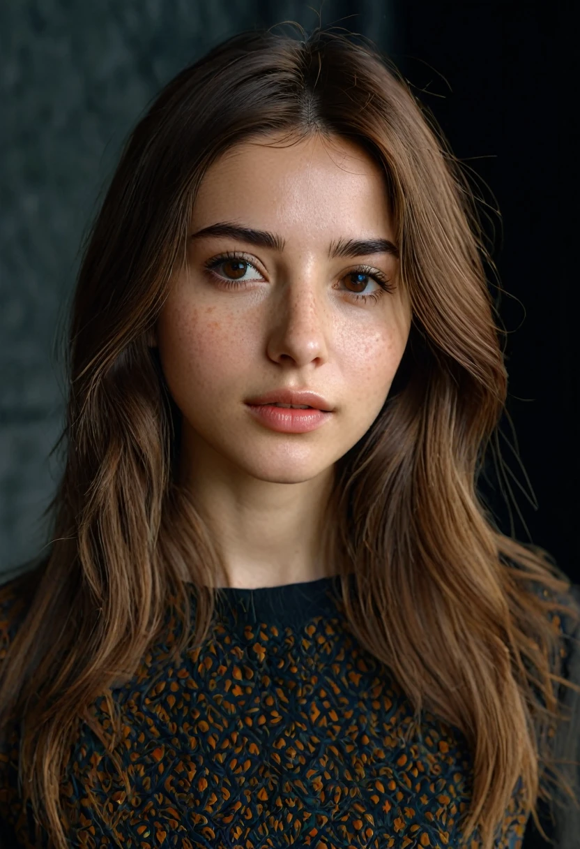 photoshoot, photo studio, Raw photo, editorial photography, Cinematic, posing, Android photo of Armenian girl,150 mm,dlrs, Beautiful soft light, Vivid details, Brown hair, face looking at camera, a wonderful masterpiece from the head of operational engineering . 4K, very detailed. skin imperfections, freckles, ultra textured leather, Natural skin texture, detailed cloth texture, beautiful detailed perfect face, perfect face, (High quality, Best quality:1.3), extremely high resolution, photographic, realistic, 8K, фотоrealistic, Amateur photo, UHD, film studio 800 tungsten , Cinematic photography by sofia coppola, Nikon D850 photo from the film Kodak Portra 400 camera f1.6 lenses, 8K, UHD