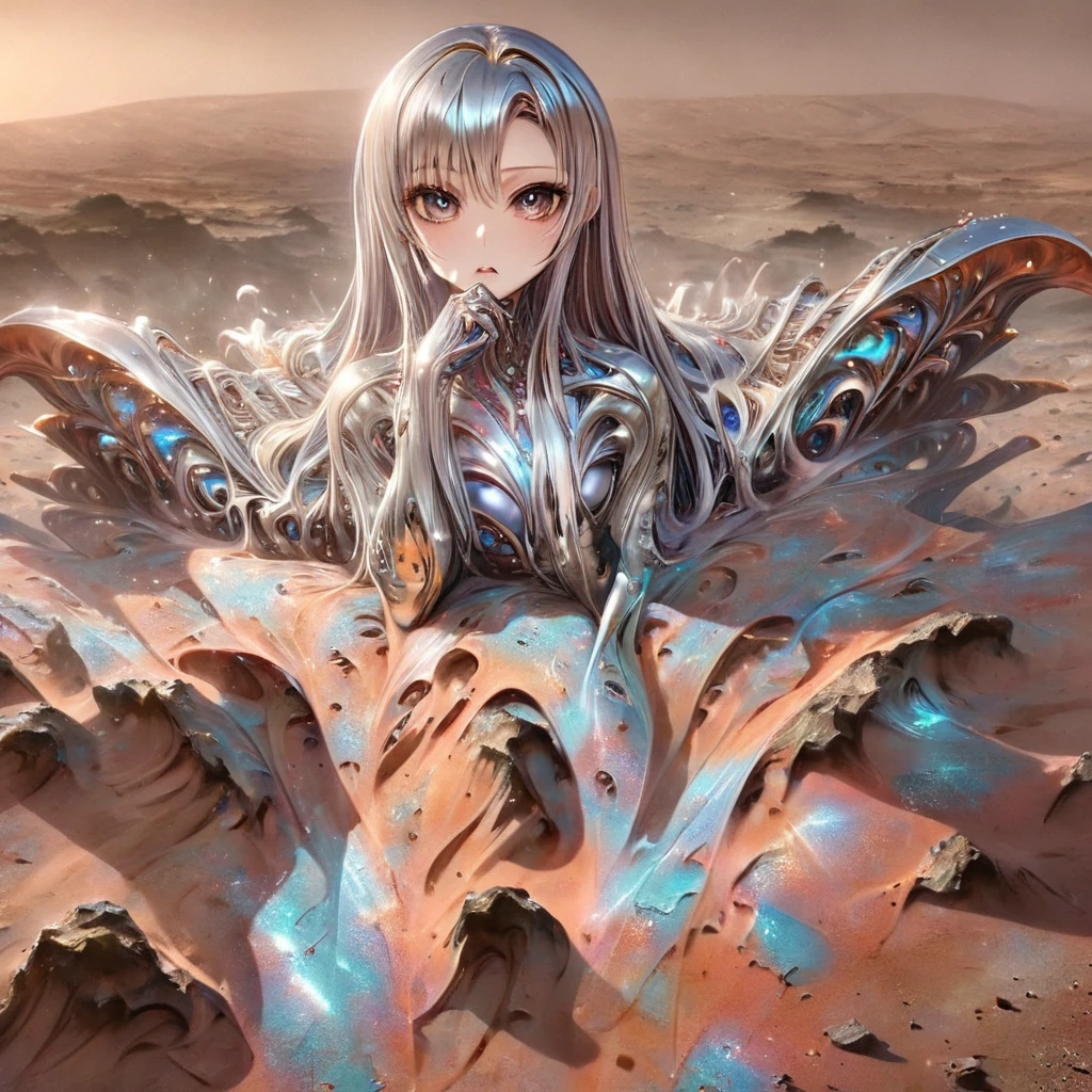 ((Highest quality)), ((masterpiece)), (detailed), （Perfect Face）、The woman is Yuuki Asuna, with metallic silver skin and medium-long silver hair.、The woman is a metallic lifeform made entirely of metal.