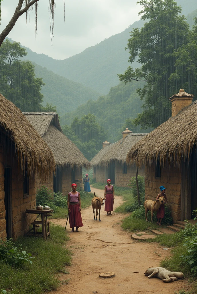 An image of a peasant village, where you can see bareque houses with palm roofs, a dog in the street and a donkey, where the sky is cloudy and raining with some women