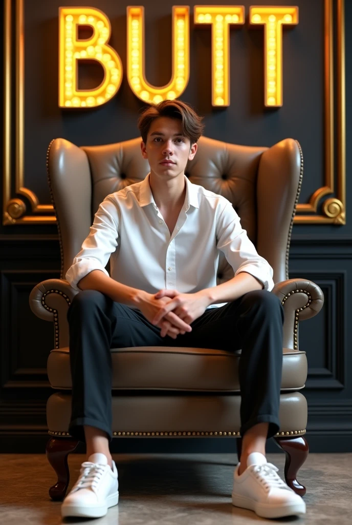 A boy who is 18 years old attitude boy he is wear white stylish shirt and wearing a black pant and wear white sneakers sitting casually on a wingback chair and background golden and black theme and back wall writing a BUTT in golden words


