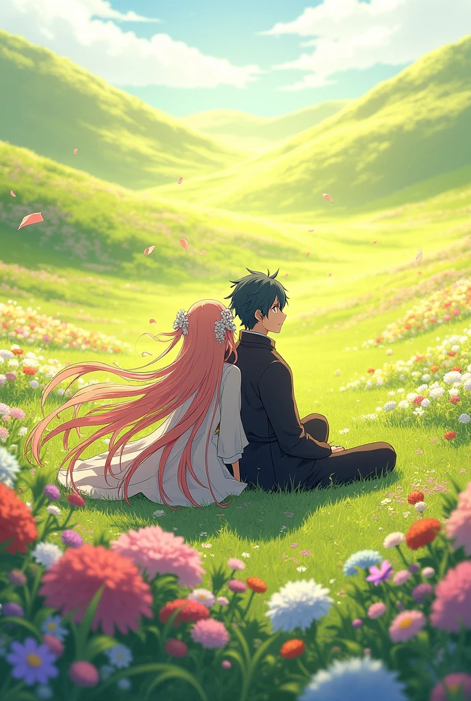 Kanae Kocho sitting in a flower field together with Tomioka Giyuu both people are from the anime kometsu no yaiba