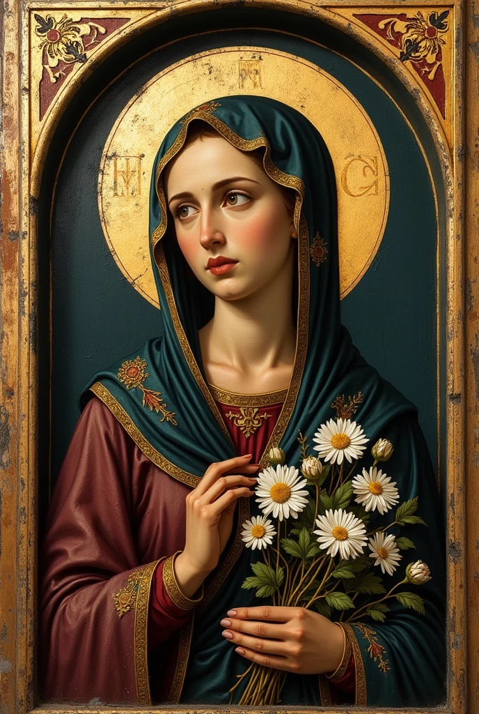Old orthodoxe painting of Aicha with flowers in a frame, in a sacred orthodoxe style. Icone orthodoxe. Medieval, iconographie religieuse, neo gothique.
