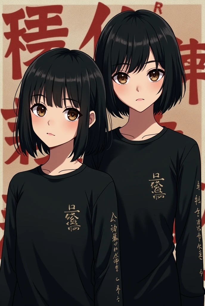 A woman with short black hair, brown eyes, and a long-sleeved black shirt with small yellow Japanese letters on the chest and on the right sleeve next to a boy with black hair, a black shirt, brown eyes, and small Japanese letters on the chest and an anime-style manga, Tokyo revengers.