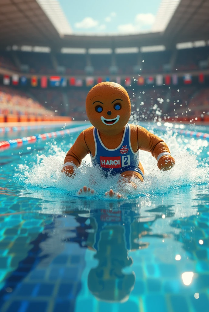 Gingerbread man swimming in a pool, as an Olympic swimmer