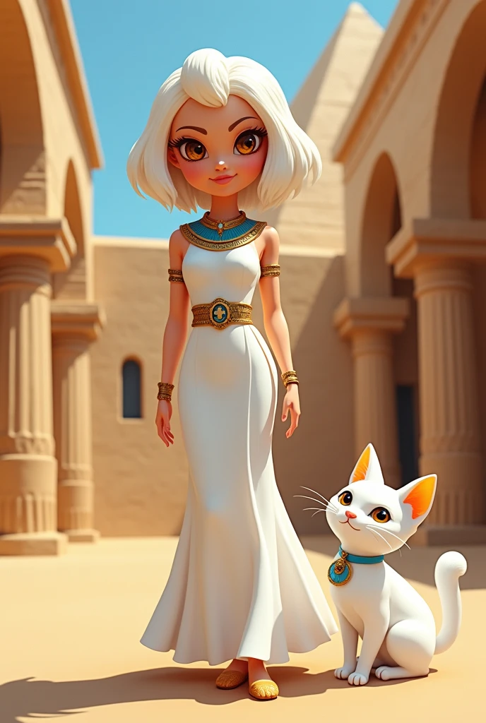 Adult Barbie cartoon, Egyptian style, brown eyes, short white hair and her white Turkish cat with yellow patches on her head and tail