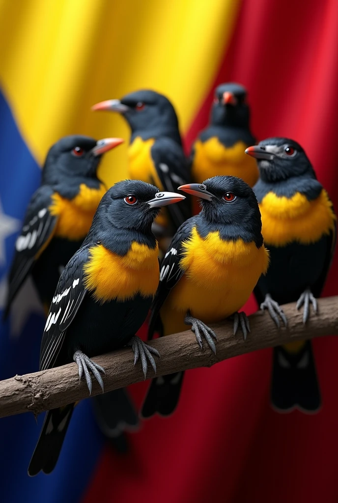 Photorealistic HD image of troupials with the flag of Venezuela