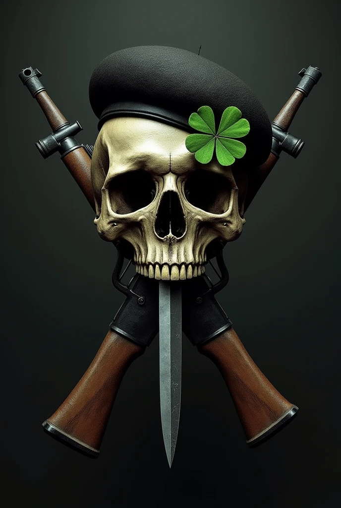 Skull skull wearing a black beret on the beret a green clover, two army rifles piercing the skull and in the middle a curved knife cutting the skull