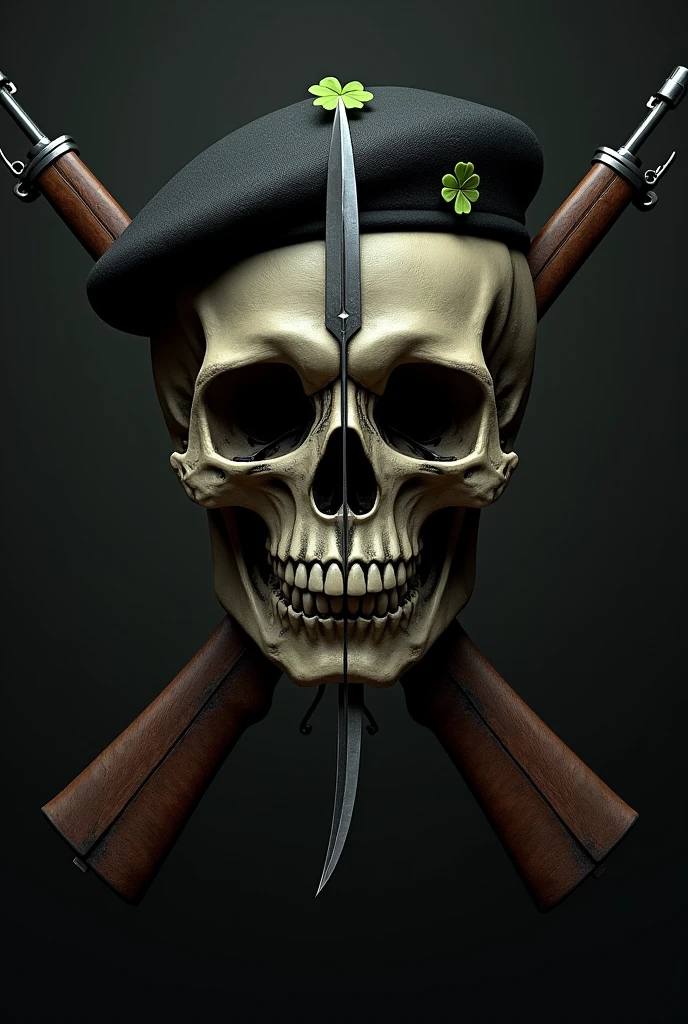Skull skull wearing a black beret on the beret a green clover, two army rifles piercing the skull and in the middle a curved knife cutting the skull 