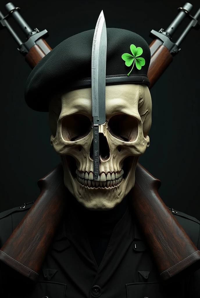 Skull skull wearing a black beret on the beret a green clover, two army rifles piercing the skull and in the middle a curved knife cutting the skull