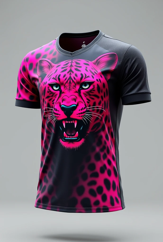 Brazilian soccer uniform without a player in gray and a pink cheetah on the front of the shirt with pink scales on the right shoulder