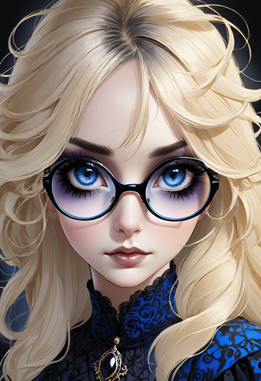 Femme blonde grand yeux bleues a lunettes, gothique , maquillage noir ,50 ans , gothique