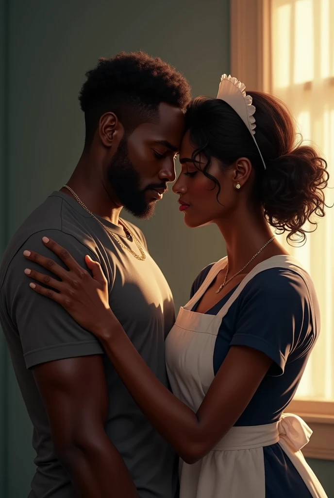 A most handsome  black Americantouching on his head looking stressed out but a beautiful black American maid with curly hair comforting him beside him