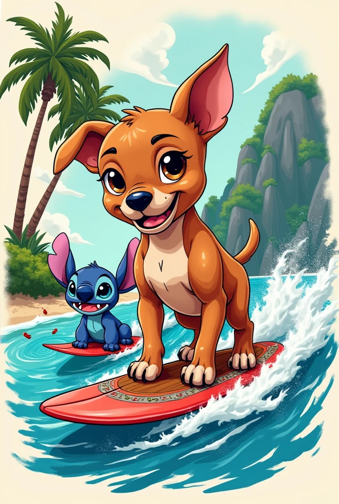Tattoo sketch of a pitbull puppy and lilo and stitch surfing