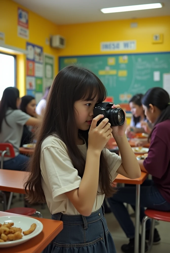 A photo of a age girl from SP taking a photo at school in the cafeteria
