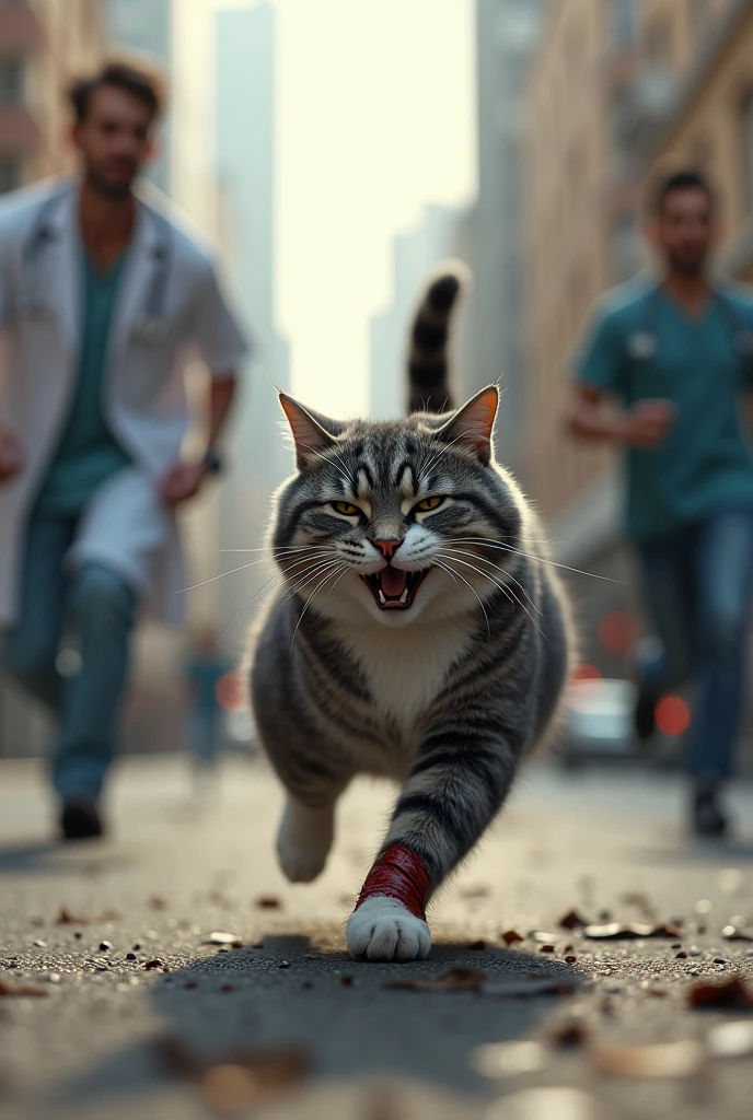 Make me a picture of a gray tabby cat with a white chest and gray paws, with an injured leg with blood running with three legs in the street escaping from two veterinarians, both men, Her worried owner is shown in the background of the image with her hands on her head in a sign of concern., Someone on the street shouted, "Grab him!". The cat was laughing