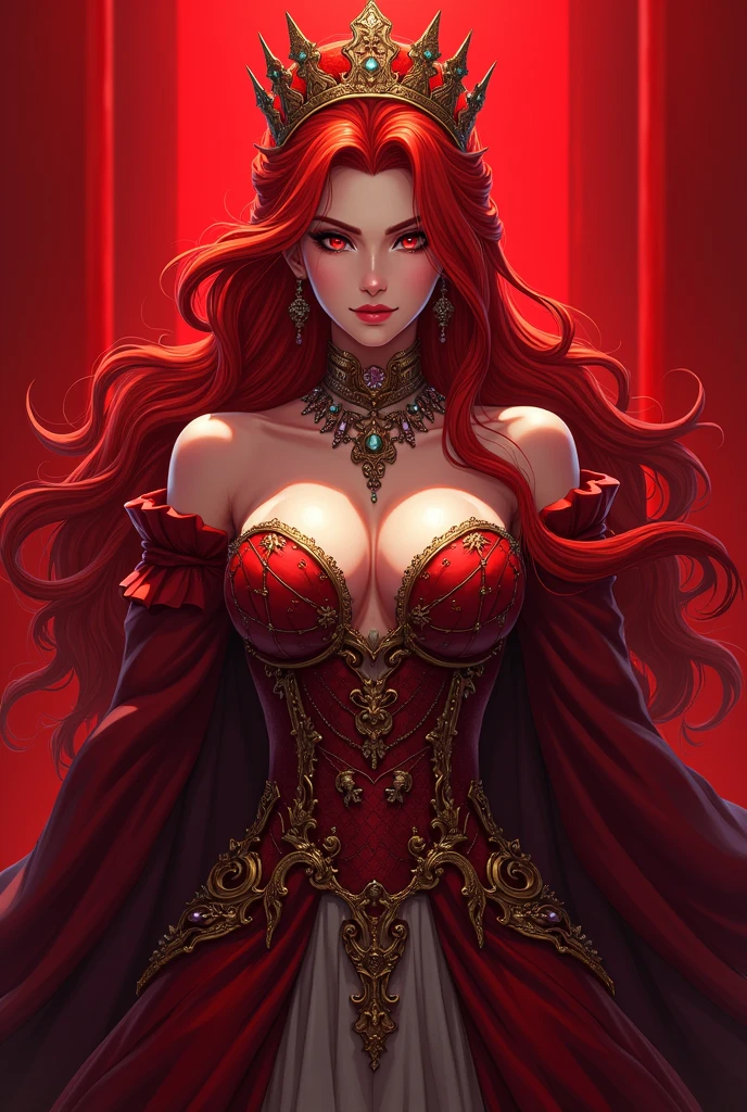 a woman with long crimson hair, wearing a long red dress with a leg slit, intricate corset, beautiful detailed eyes, beautiful detailed lips, extremely detailed face, longeyelashes, elegant pose, graceful movement, breathtaking, detailed and realistic, oil painting, dramatic lighting, warm color palette, cinematic composition, masterpiece, 8k, high quality, Scarlet Witch, (((red eyes)))