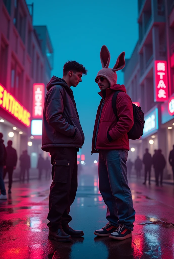 two guys of medium build, one closer without a bat, the other further with a bat with bunny ears in perspective on a neon street in emo style