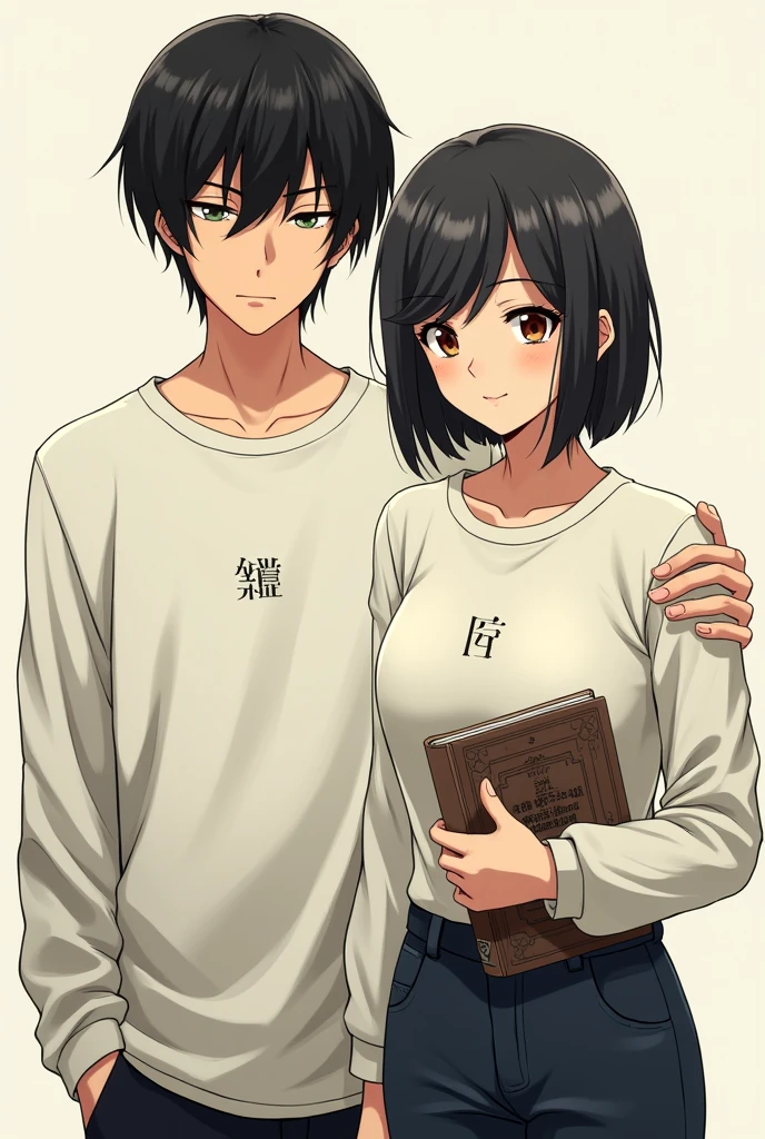 A woman with short black hair, brown eyes, and a long-sleeved black shirt with small yellow Japanese letters on the chest and on the right sleeve next to a man with black hair, a black shirt, brown eyes, and small Japanese letters on the chest and an anime-style manga, Tokyo Revengers.