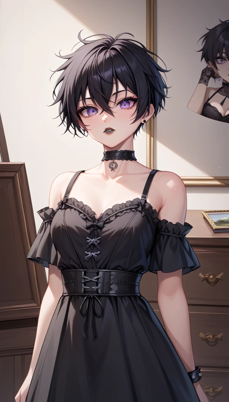 masterpiece,(best quality,top quality,8k),illustration,painting,detailed eyes and face,(1girl), purple eyes, black hair, messy hair, short hair, hair between eyes,(tatto:1.2), wolfcut, pixie cut, goth, gothic, choker, black lips, (black dress:1.1)