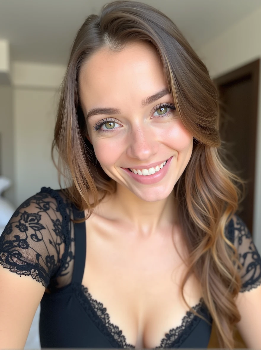 Masterpiece, best quality, (photorealistic:1.4), full body,(sexy black one piece lingerie), standing in hotel room, 85mm close up of face and shoulders, natural light, beautiful woman, skinny, brunette hair, detailed face, cheerful smile, hair down, smiling, facing the camera, age of 20 years old, close up
