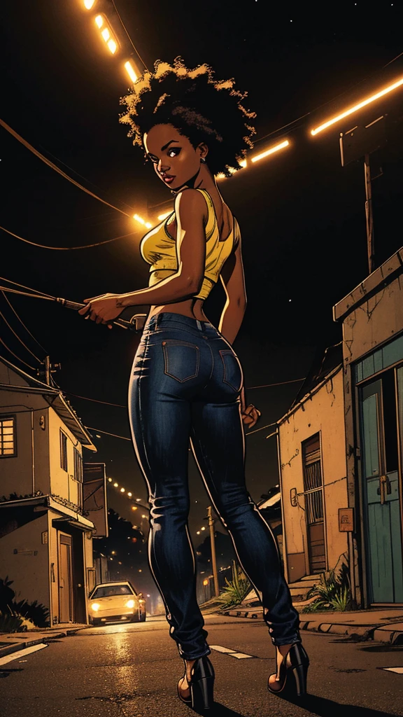 Full shot, full body, African American woman, small breasts, big ass, wearing, low-waisted flare pants, Cotton Cropped Top Without Pads, from the street, car behind with headlights illuminating woman, hilly background, Brazilian Favela, at night, cinematic lighting, vanishing point, sideways, from below, UHD, masterpiece, accurate, anatomically correct, textured skin, super detail, high details, high quality, award winning, best quality, highres