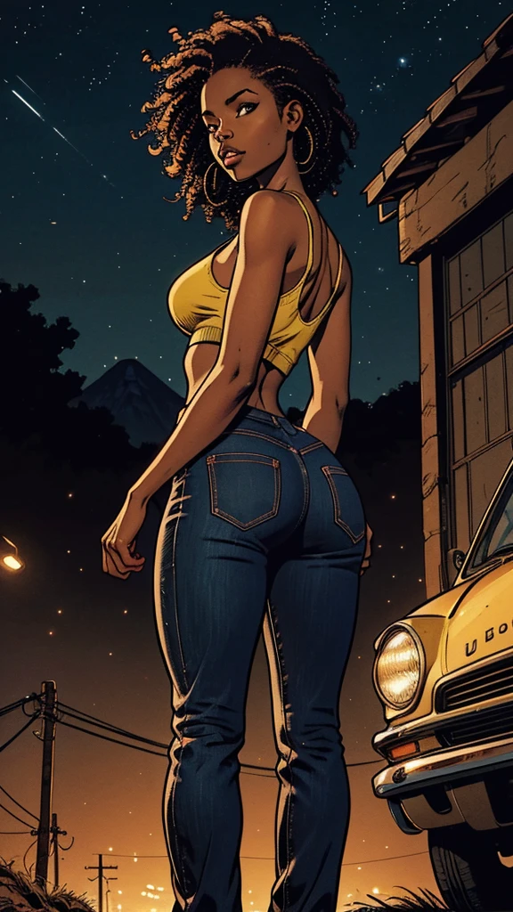 Full shot, full body, African American woman, small breasts, big ass, wearing, low-waisted flare pants, Cotton Cropped Top Without Pads, from the street, car behind with headlights illuminating woman, hilly background, Brazilian Favela, at night, cinematic lighting, vanishing point, sideways, from below, UHD, masterpiece, accurate, anatomically correct, textured skin, super detail, high details, high quality, award winning, best quality, highres