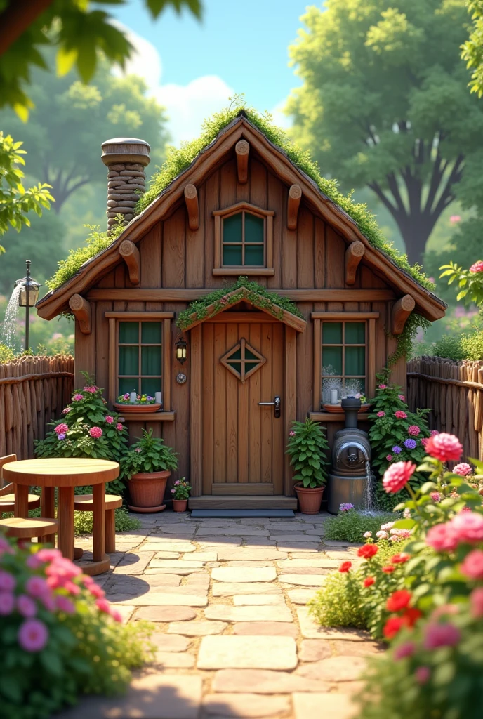 A picture of a patio of a board house, that has a fence of sticks with many flowers, a door in the background, a wood stove, a kiosk, and a tube throwing water