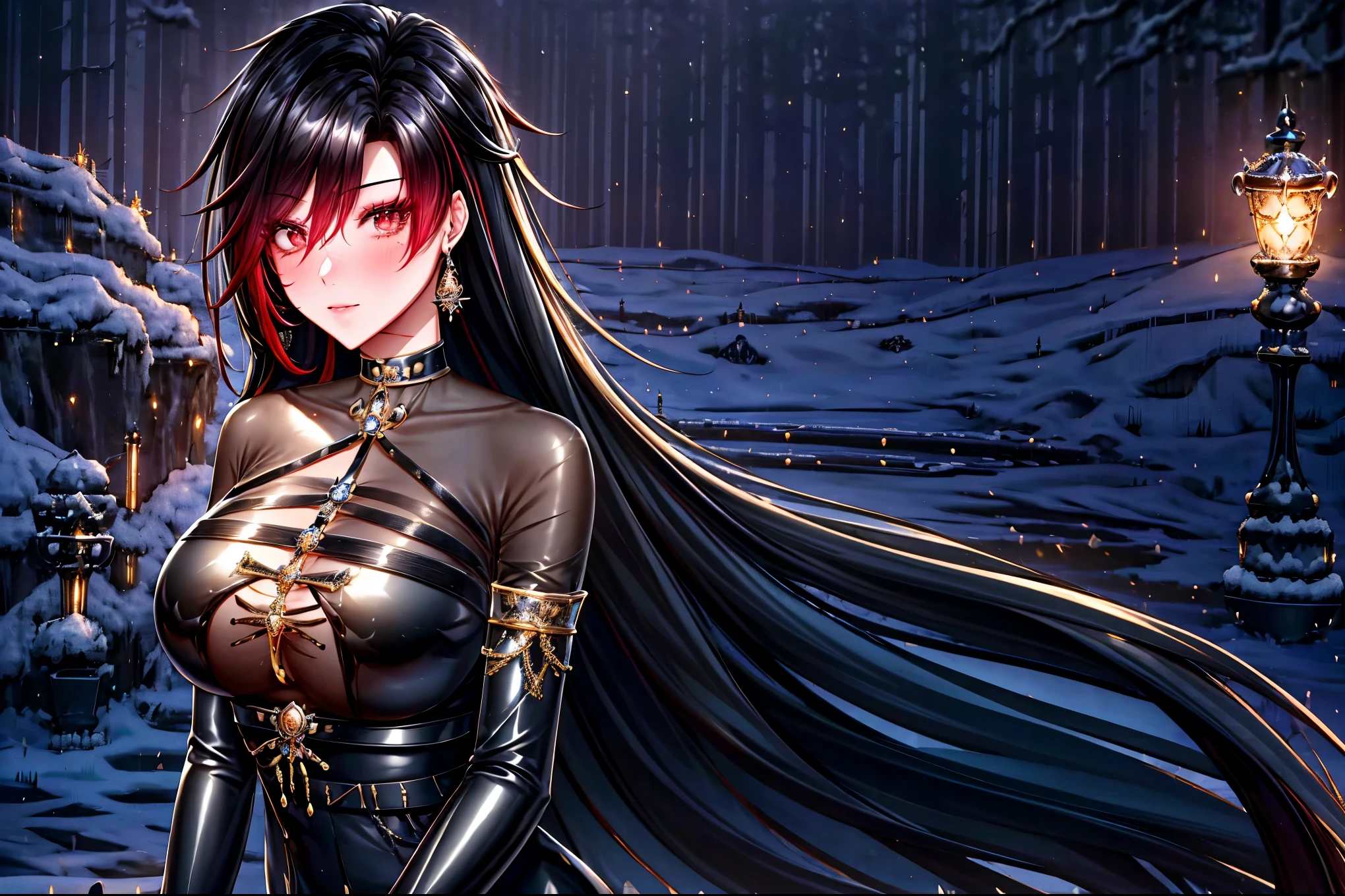 shoujo-style, frostedstyle, (romance manhwa), 1girl, black hair, solo, long hair, frozen, ice, crystalline, dress, tiara, white dress, gloves, long sleeves, choker, red eyes, mascara, makeup, elbow gloves, bow, floating hair, bra, jewelry, looking at viewer, collarbone, puffy sleeves, golden accessories, upper body, parted bangs, very long hair, black dress, frills, bangs, closed mouth, outdoors, detailed eyes, dynamic cut,