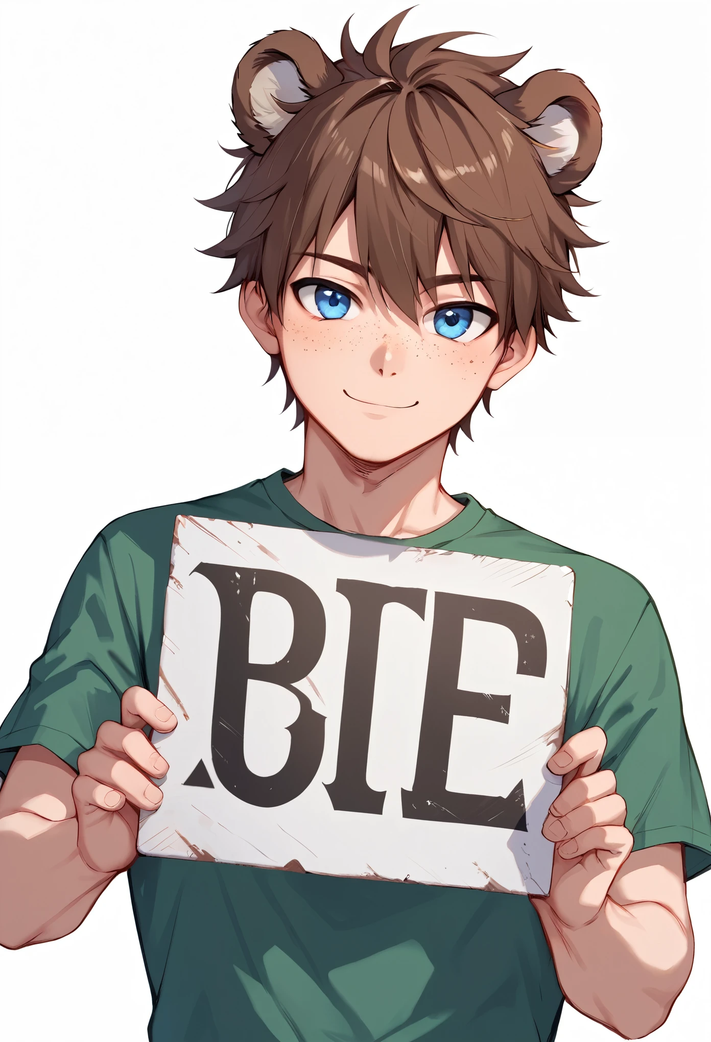 score_9_up, score_8_up, score_7_up, 1boy, solo, source_anime, handsome guy, adult man, kemonomimi, bear ears, brown hair, short hair, messy_hair, blue eye BREAK freckles, green shirt, short sleeves, blue pants, upper body, holding with two hands, holding sign, white sign, big sign, smile, closed mouth, white background, simple background, looking at viewer