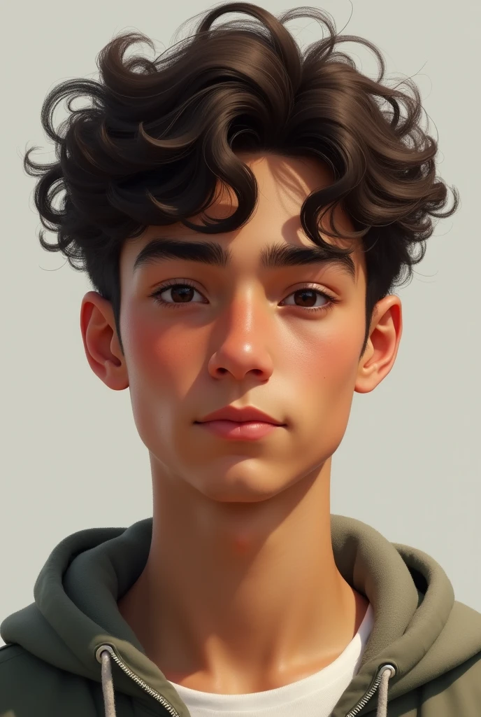 Show me a 16 year old male with perfect harmony and good features with type 4a curly hair medium length. Browm skin color make it realistic