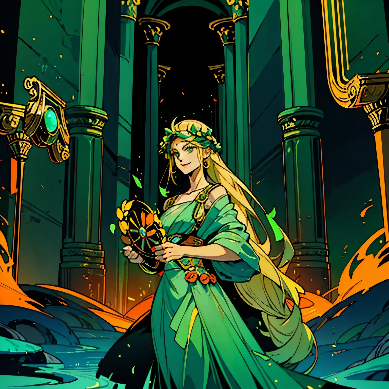 1woman, alone, 25 years old, young, blonde long hair, green eyes, insister sur les reflets des yeux verts, cheveux blonds, long hair, desorganized haircut, uke, green dress, robe verte, green outfit, green clothes, pure outfit, smiling, hades style, hades game, Jen zee style, greek themed image, greek background, persephone, tartarus scenery, fumes, greek columns in background, lots of columns, greek architecture, green themed image, black furniture, blue touches of color, orange walls, looking at viewer, holding a lyre, hades game wiki obols, hades, game, wiki, obols, orange flowers