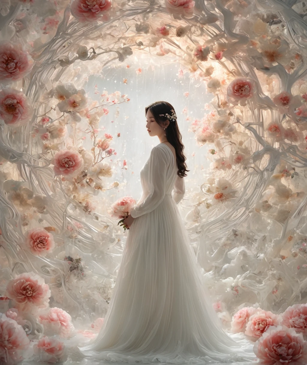 蓮の花をつけた女性の全身photograph。Positionally correct,to be born, photograph, (concentrated:1.5), (reality:1.4), dusk lighting, Volumetric lighting, Ultra-high resolution, 16K,Dramatic lighting, White Background:1.5)(Tangled,Mandala,Conflict,Entanglement:0.7),Short jacket,conversion, Written boundary depth, Dreamy atmosphere, The most beautiful chaos, Grace, Dark Theme and Brutalist Design, flowers of death, flowers of ecstasy,Glowing Lines,Glow Example,Tracking example,flash, Backlight,translucent,Particles of light,hill,exit