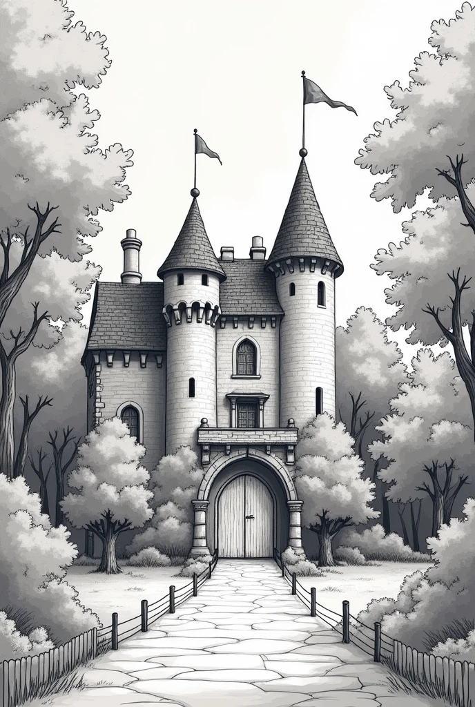 the picture shows a broad line drawing in anime style of a split image, on which on one side you can see a small village bakery standing in a forest and on the other side a huge castle in a kingdom. the two buildings meet in the middle and merge there by having windows and doors in the same place