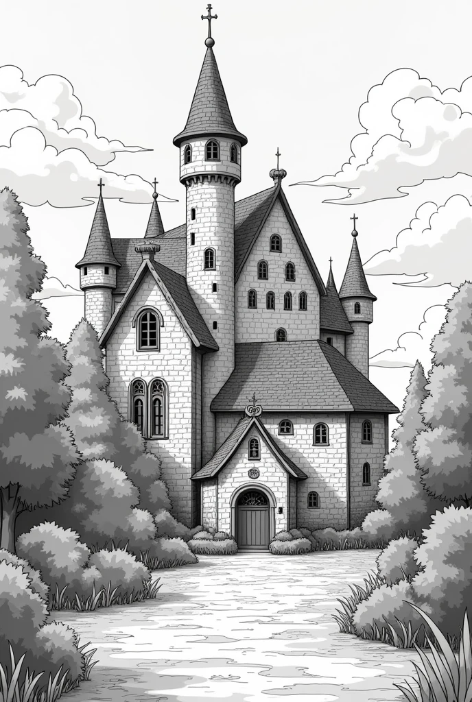 the picture shows a broad line drawing in anime style of a split image, on which on one side you can see a small village bakery standing in a forest and on the other side a huge castle in a kingdom. the two buildings meet in the middle and merge there by having windows and doors in the same place